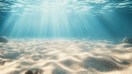 Serene underwater seascape: soft sandy ocean floor extending to a hazy distant horizon