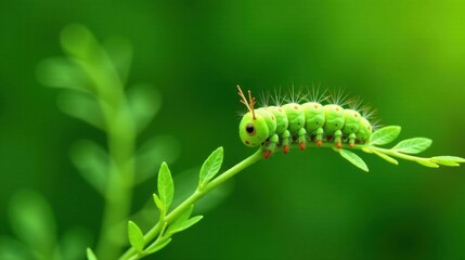 Naklejka premium Vibrant Green Caterpillar Crawling on a Lush Green Plant Stem in a Natural Setting