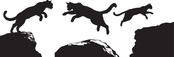 Silhouette of a bobcat leaping from a rock vector illustration