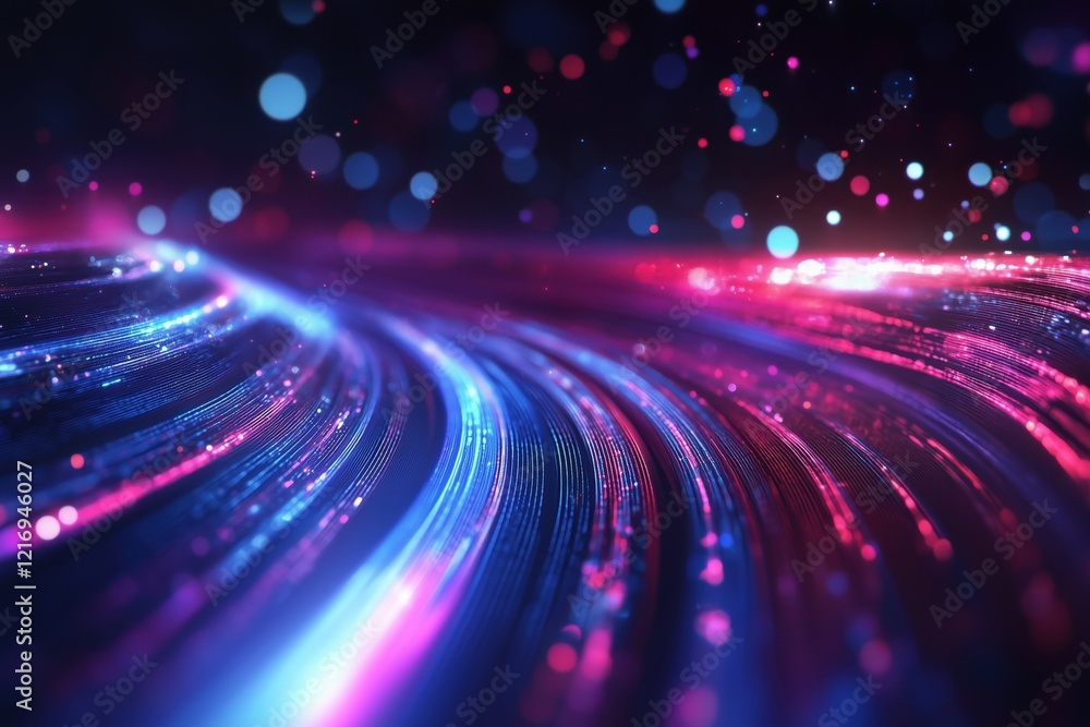Poster hyperrealistic futuristic background: glowing neon waves, high-speed data transfer and bokeh lights