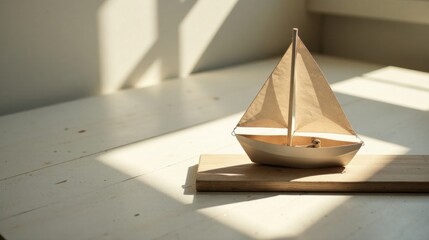 A miniature sailboat crafted from paper sits serenely on a light wood surface, bathed in the warm glow of sunlight streaming through a nearby window.