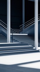 Obraz premium A sleek, modern staircase with sharp lines and ambient lighting, creating a futuristic atmosphere in a minimalist architectural setting.