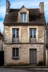 Naklejka premium Charming rustic stone facade of a vintage french townhouse, architectural detail, old world charm