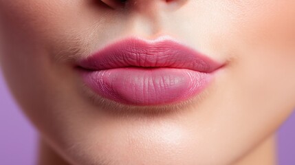 Fototapeta premium Lips makeup close-up without teeth on a lilac background