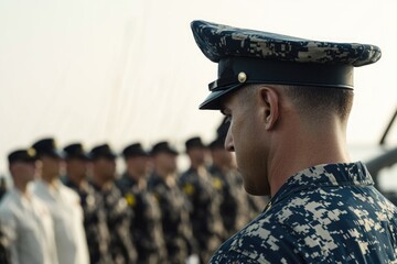 Group of military personnel standing together, uniformed, formal attire