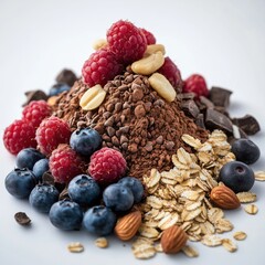 Realistic pile of mixed berries, nuts, cacao powder, and oats on white background: healthy snack ingredients