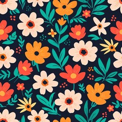 Vibrant Floral Pattern: A Seamless Design of Colorful Flowers and Leaves