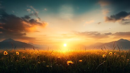 An 8k panoramic shot of a wildflower field at sunrise, with dewdrops on the petals, detailed grass and flowers, and soft morning light illuminating the scene, ultra-realistic, photo-realistic, 