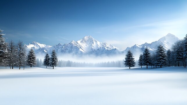 An 8k resolution panoramic view of a snowy winter landscape with blue skies, tall pine trees covered in snow, and distant mountains in the background, ultra-realistic, photo-realistic, highly 