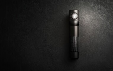 Fototapeta premium Calm gray-colored flashlight with a black and white background, top view, flat lay, close-up, copy space concept, stock photo. 2/3 space for text. 