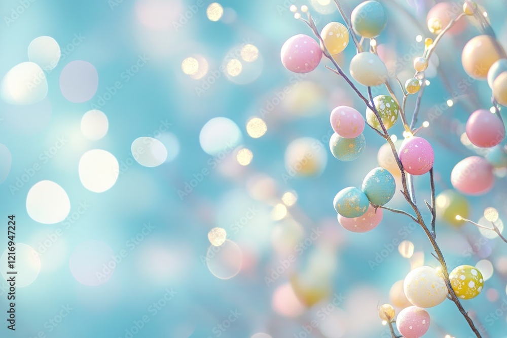 Poster pastel easter eggs on branches with soft bokeh background for spring decor
