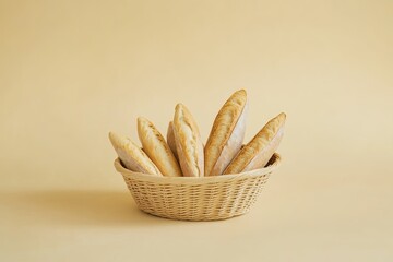 A minimalist shot of fresh baguettes arranged neatly in a wicker basket. picture