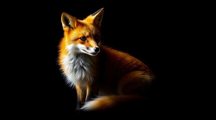 Obraz premium A red fox, its fiery orange fur glowing softly under dramatic lighting, sitting alert with its tail curled around its body