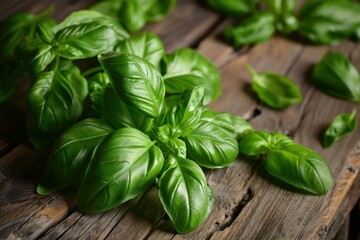 Fresh green basil leaves are sitting on a rustic wooden background