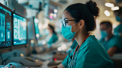 Naklejka premium Dedicated Doctor Reviewing Medical Scans on Computer Screen in a Modern Hospital Setting