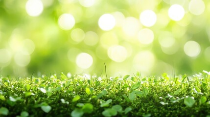 Fototapeta premium Lush green moss with bokeh background, vibrant, fresh spring shoots. Perfect for nature, spring, growth, or eco-friendly themes, evokes peace and renewal.