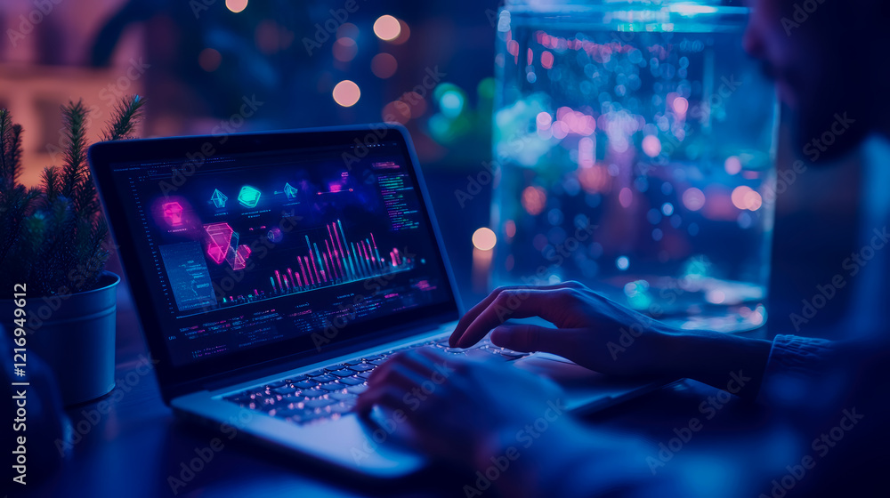 Aufkleber night data analysis: person working on laptop with illuminated charts and graphs