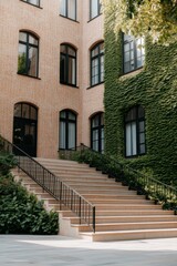 A modern office building with a blend of nature, featuring ivy-covered walls and large windows in a peaceful setting.