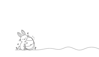 Cute Easter bunny hugging a decorated egg, outlined in minimalist black and white with a heart and plant details, a serene and joyful design,