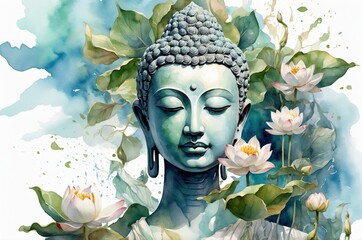 Colorful Buddha statue portrait vintage painting with flower decoration, culture and religion theme concept illustration texture design.
