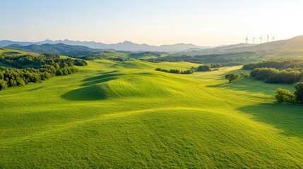 A serene landscape with lush green fields and distant wind turbines under a clear sky, symbolizing renewable energy and sustainability.