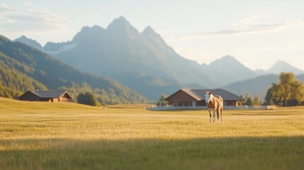 A serene landscape with a horse grazing in a sunlit meadow, surrounded by distant mountains and scattered houses under a clear sky.