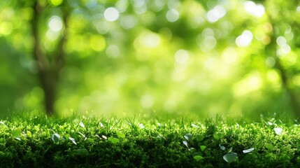 Lush green moss and grass foreground, blurred forest background. Ideal for nature, spring, or environmental themes, evokes peace and serenity.