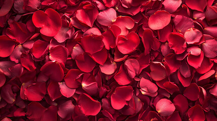 Background for Valentine's Day. Red hearts, petals of roses on a red juicy background cinematic view.