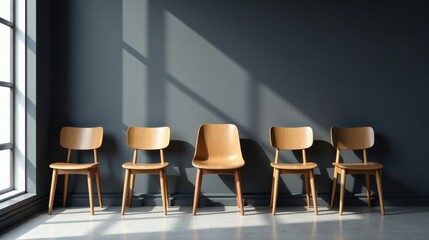 Wooden chairs in a row against a dark wall bathed in sunlight