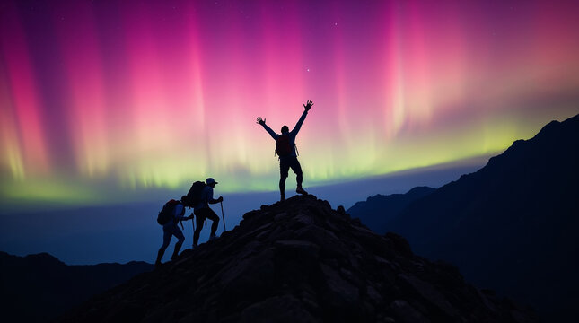 Silhouette of a hiker cheering on a mountain top looking at fantastic northern lights