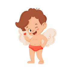 Cute Boy Angel Making a Korean Heart Sign Vector Illustration. Isolated Smiling Cartoon Cupid.
