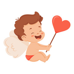 Cute Boy Angel with a Heart-shaped Wand Vector Illustration. Isolated Cartoon Sitting and Smiling Cupid.