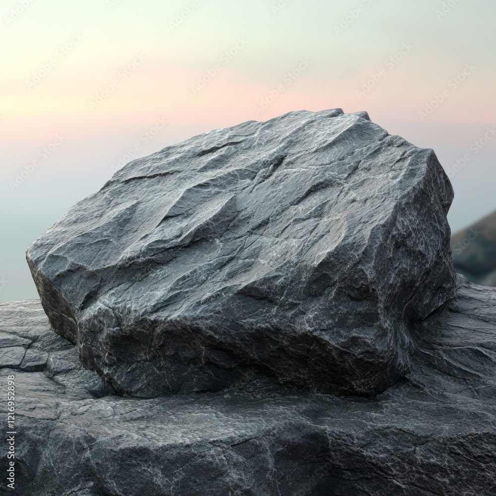 Poster rugged sharp edged rock with visible erosion patterns at sunset