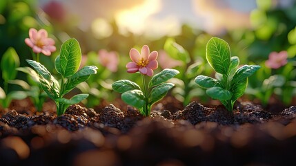 Pink flowers blooming in sunlight amongst green leaves