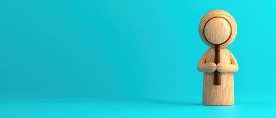 A wooden figure holding a stick against a bright turquoise background.