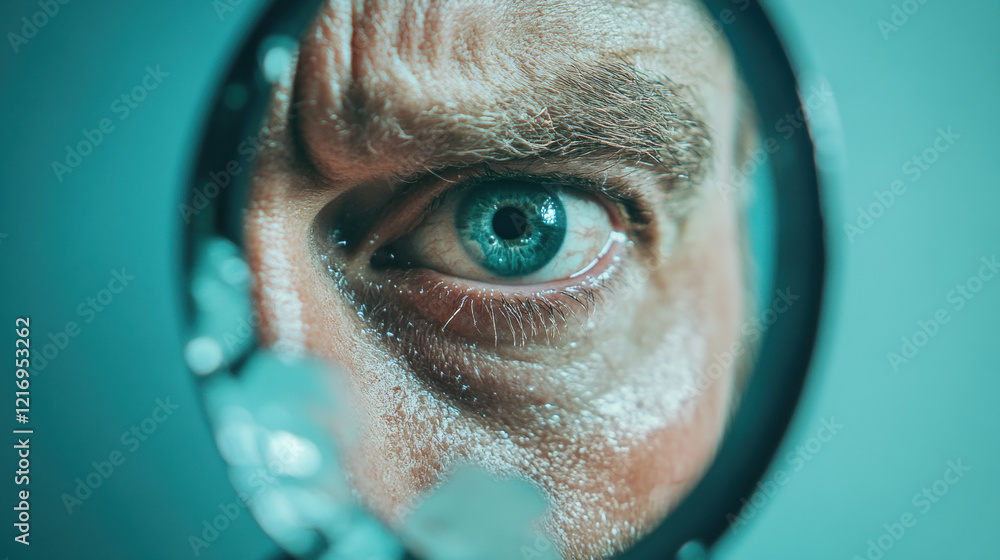 Poster toxic relationship, a man gazes at his reflection in a fragmented mirror, capturing themes of intros