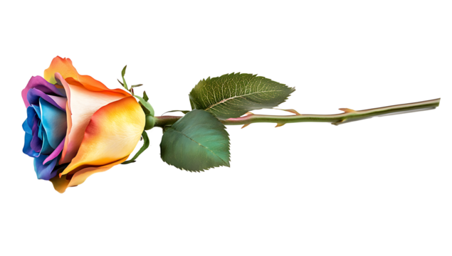 A single red rose with green leaves, perfect for expressing love and romance, isolated on a white background as transparent PNG.AI GENERATED