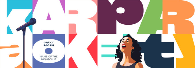 Bold karaoke event horizontal banner with geometric design featuring microphone and singing woman. Perfect for club promotions, concerts and party invitations with modern typography