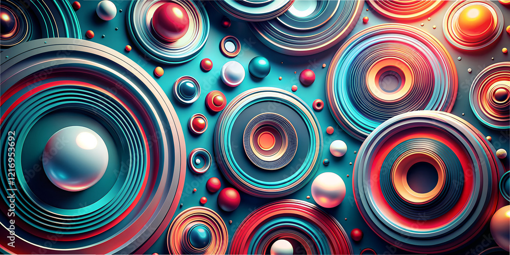 Poster colorful abstract design featuring circular shapes in various sizes and textures, showcasing a hi-te