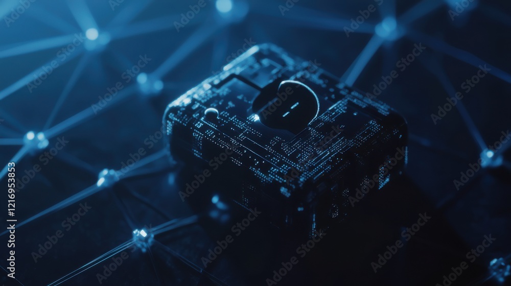 Poster modern technology showcased through dark circuit patterns and connecting nodes in a digital environm