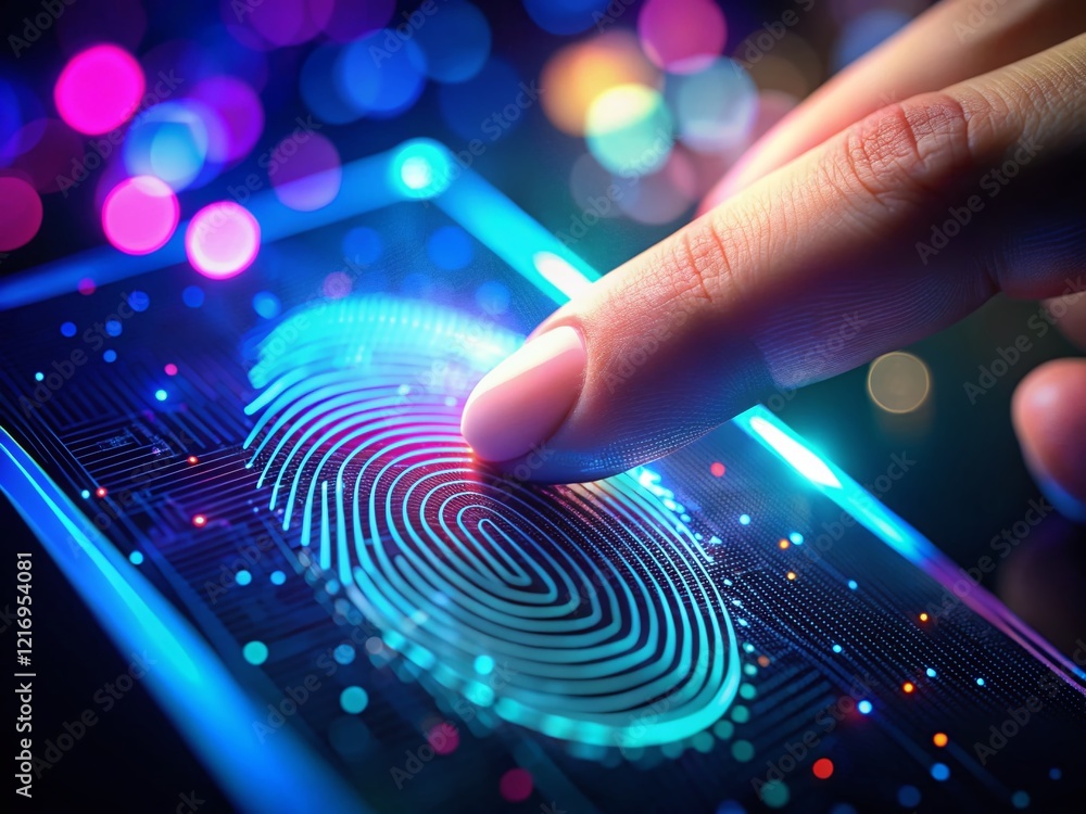 Poster high-tech security: finger touching digital fingerprint scanner on screen with bokeh background