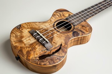 Beautifully crafted ukulele with burl wood is laying on a white background