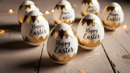 Elegant white Easter eggs with gold accents and Happy Easter text, arranged on wooden surface with warm fairy lights