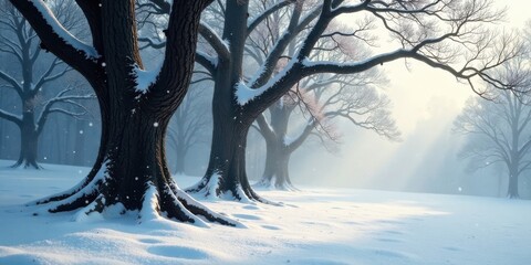 Serene Winter Landscape Majestic Snow-Covered Trees in a Misty Forest Showing a Tranquil and Peaceful Scene