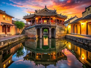 Obraz premium Hoi An Vietnam Ancient Bridge, Deep Depth of Field, Sunrise Landscape Photography