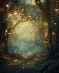 Mystical Forest with Glowing Trees, Ethereal Mist, and Soft Magical Lights
