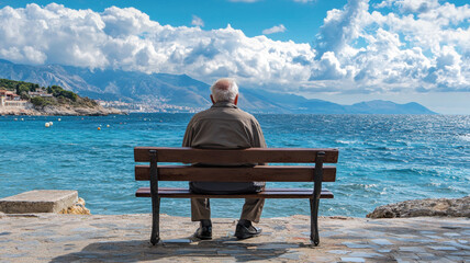 Fototapeta premium Lonely elderly man form back, sitting on bench near sea