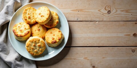 A plate of freshly baked golden-brown biscuits sits on a rustic wooden surface next to a linen napkin