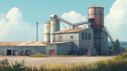 Obraz premium Old industrial facility with silos and storage buildings against a clear blue sky in a rural area