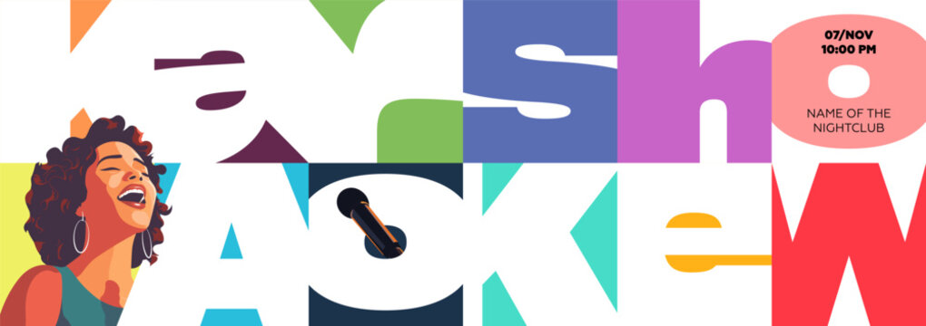 Creative karaoke singing black woman banner with trendy typography and nightlife atmosphere. Designed for promotional events, pubs and club performances with customizable layout